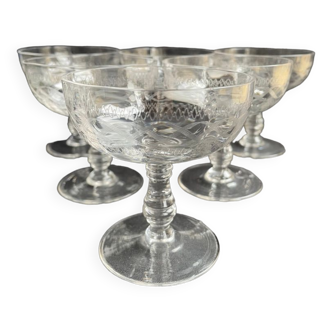 8 Guilloche crystal champagne glasses - Art Nouveau