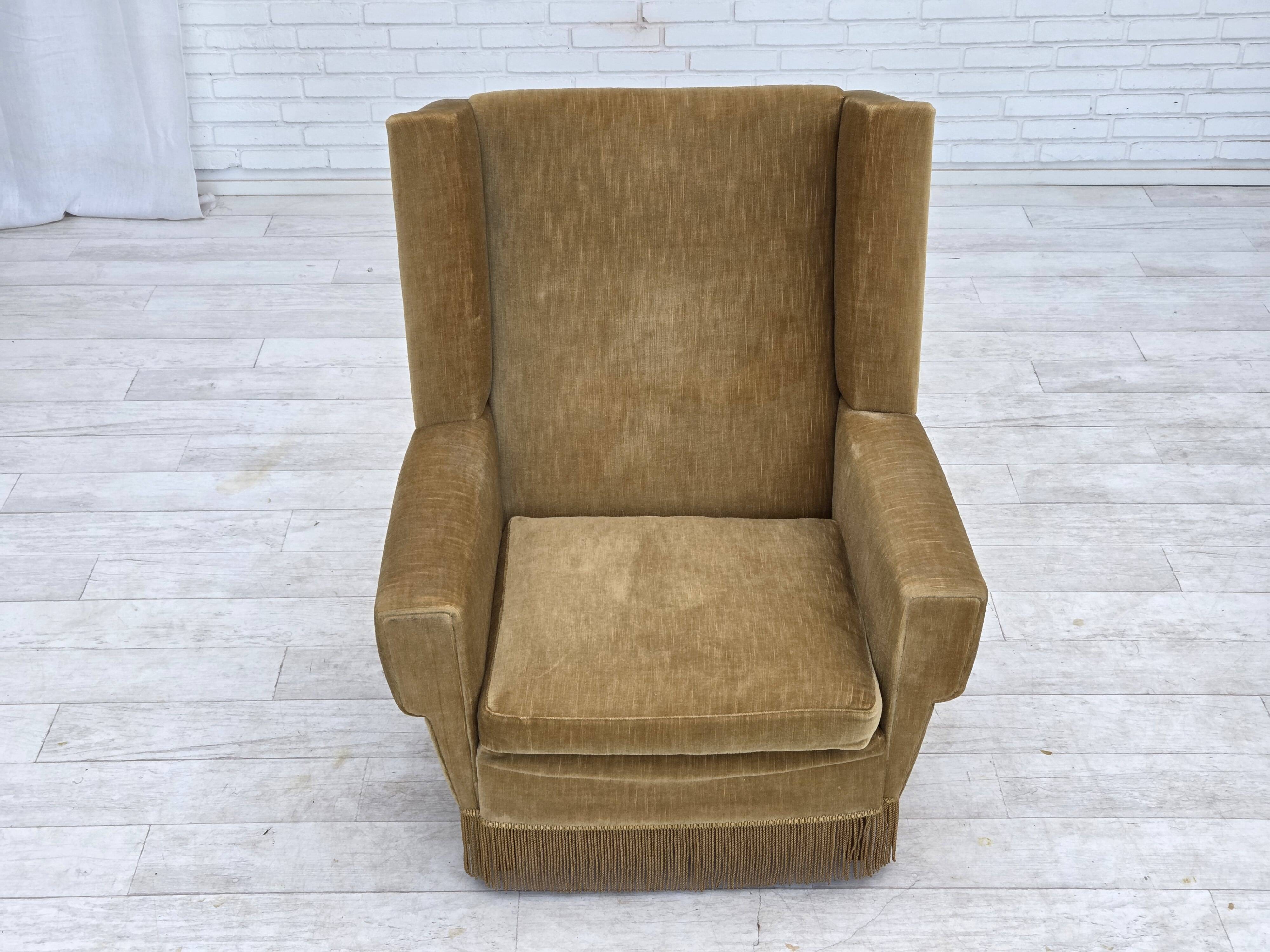 1970s, Danish highback armchair, honey yellow furniture velour.