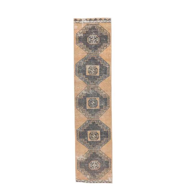 1960s Orange Geometric Turkish Hand-Knotted Runner Rug 77x345