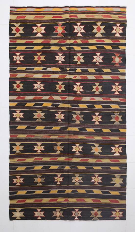 6x10 Dark Brown & Yellow Striped Handmade Wool Kilim Rug, 170x312 Cm