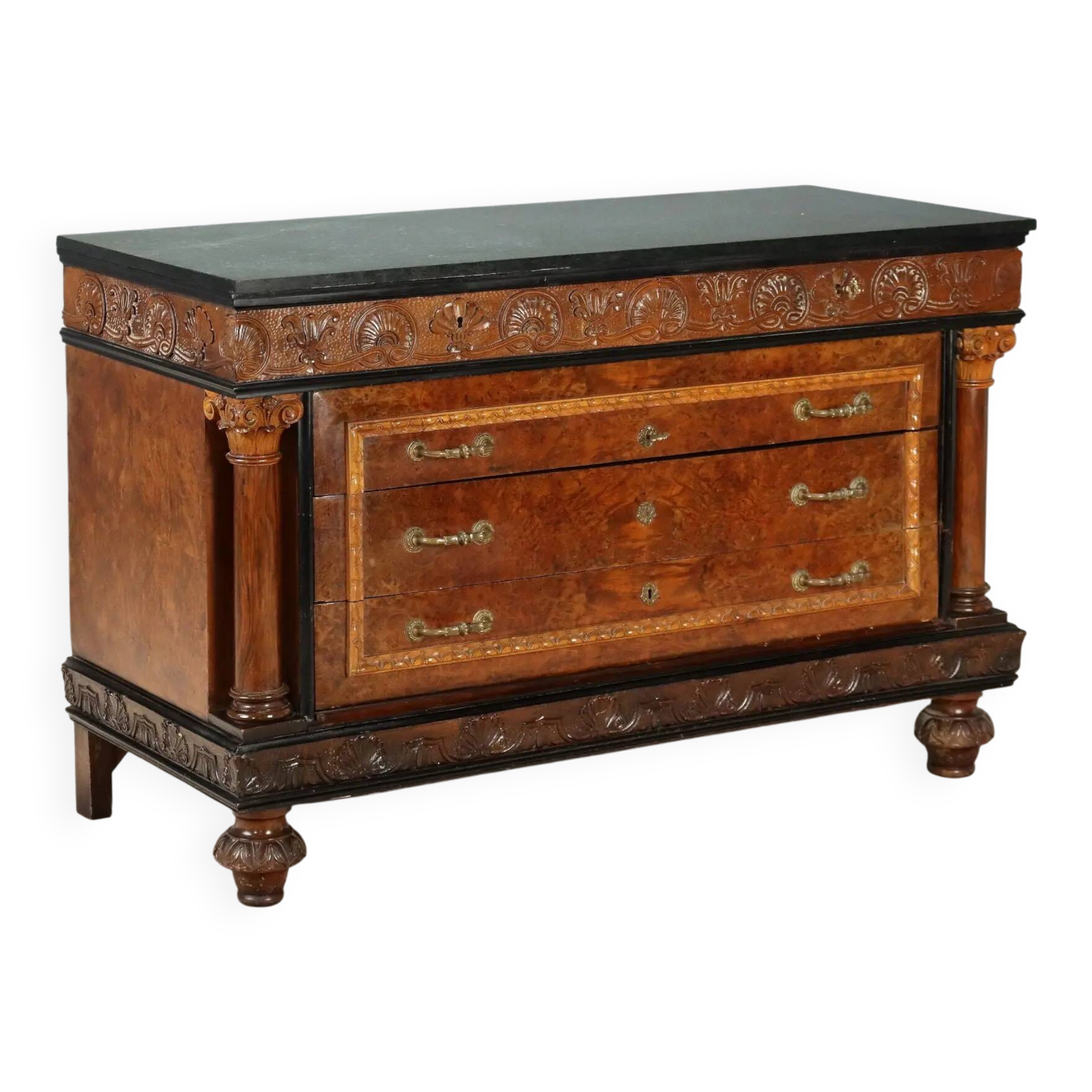 Antique walnut burl commode with marble top, Italy, 20th century.