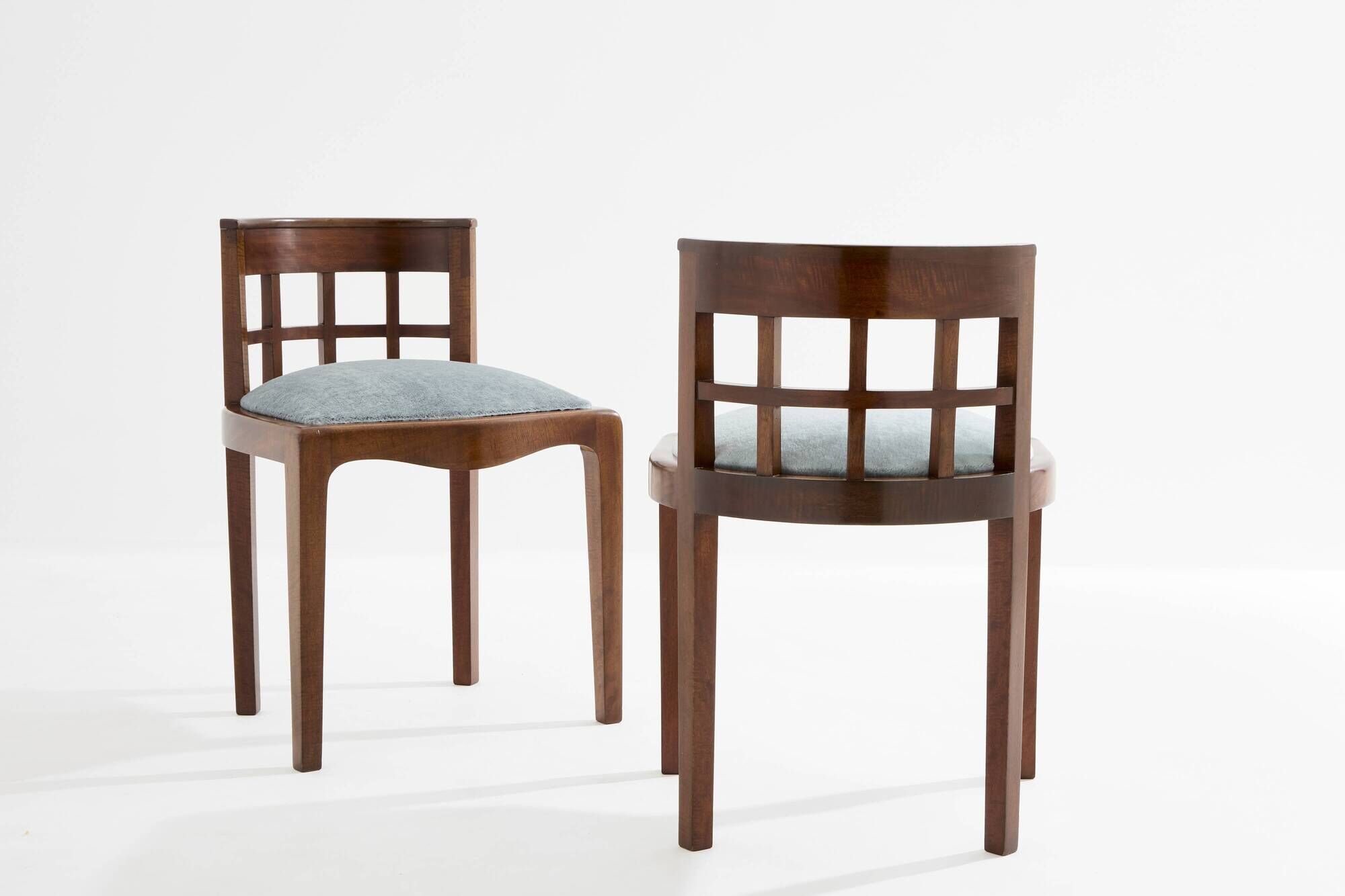 Paul T. Frankl pair of wavy walnut and mohair velvet chairs 1933