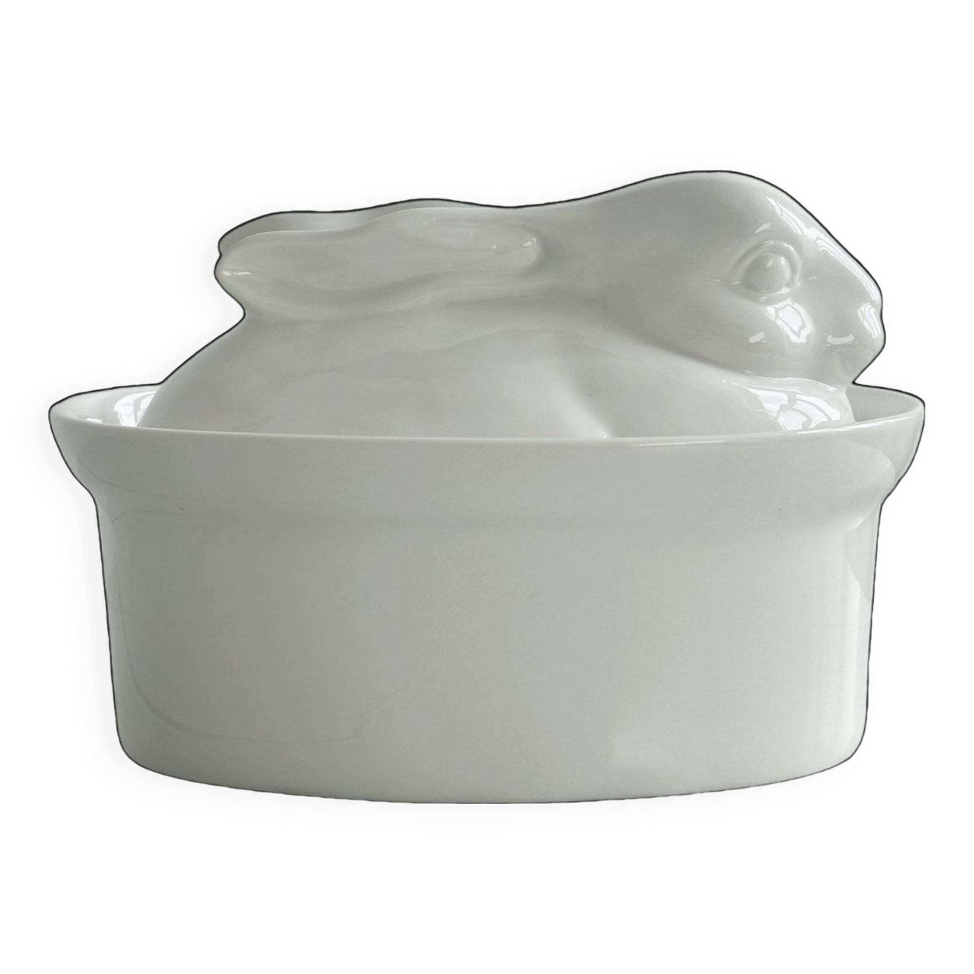 Large white porcelain rabbit terrine dish.
