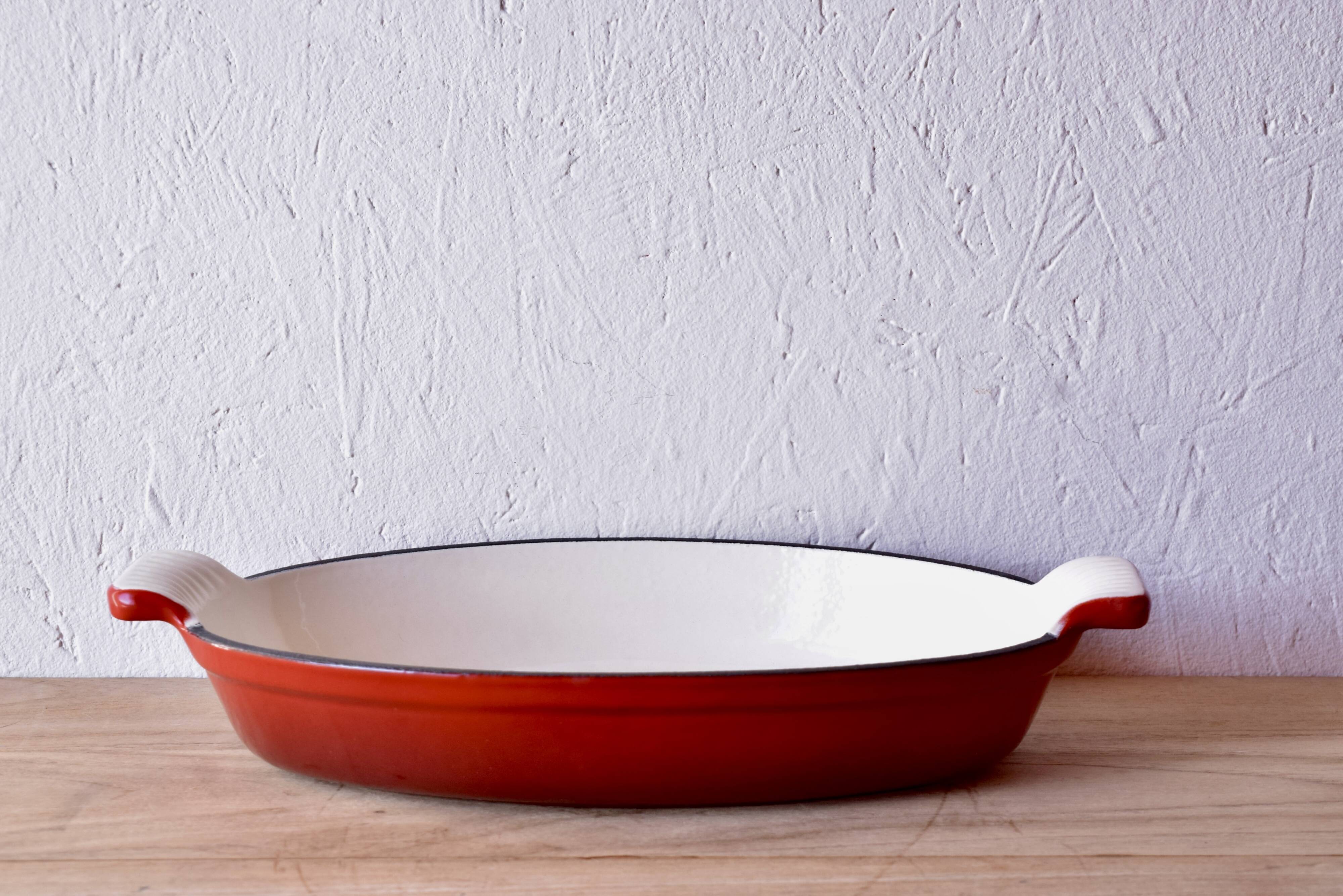 Red cast iron baking dish