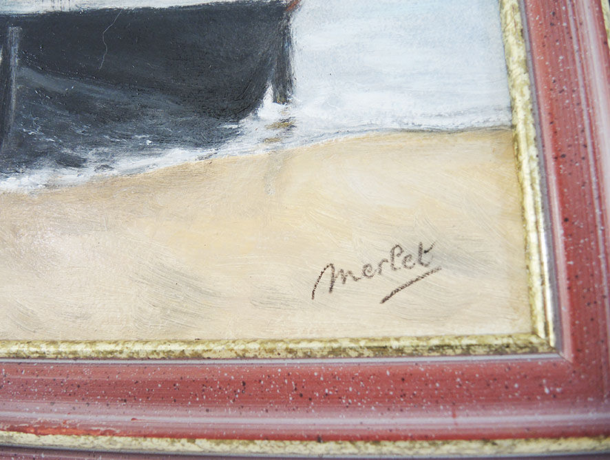 Oil on wood framed and signed henri merlet : orange fishing boat
