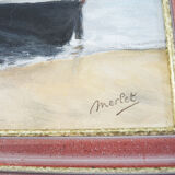 Huile sur bois encadrée et signée henri merlet : bateau de pêche orange