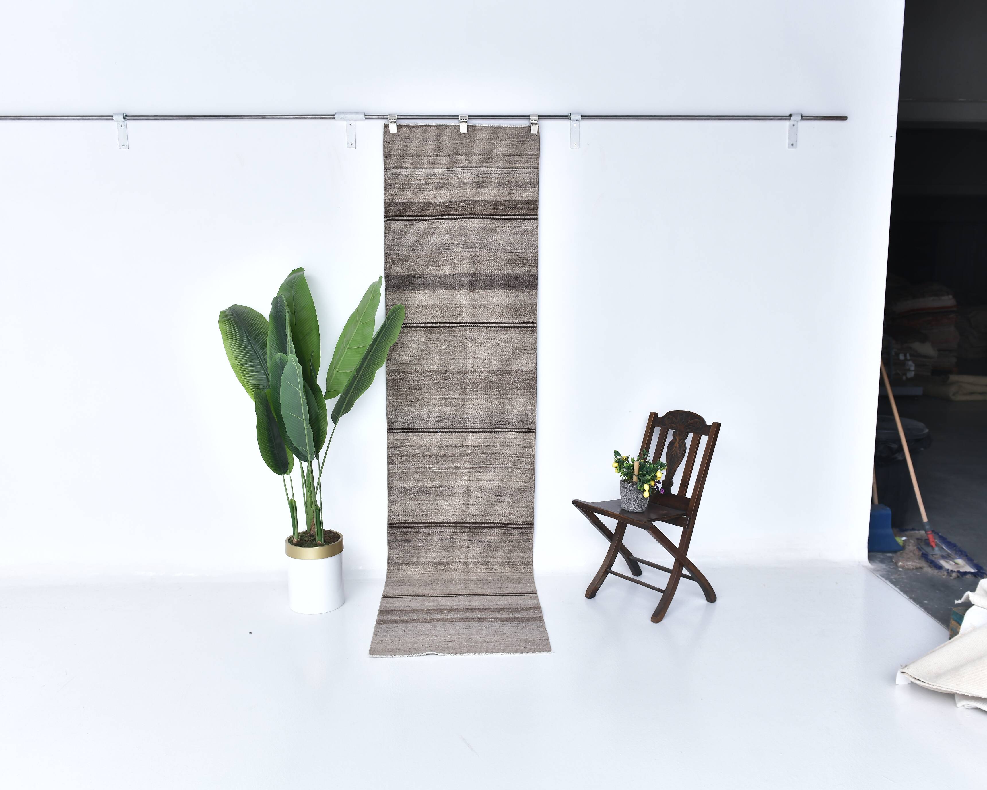 2x9 Brown Beige Striped Kilim Runner Rug 71x279Cm SK 241367