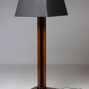 Amsterdam School floor lamp in partially ebonised cherry with a black linen shade.