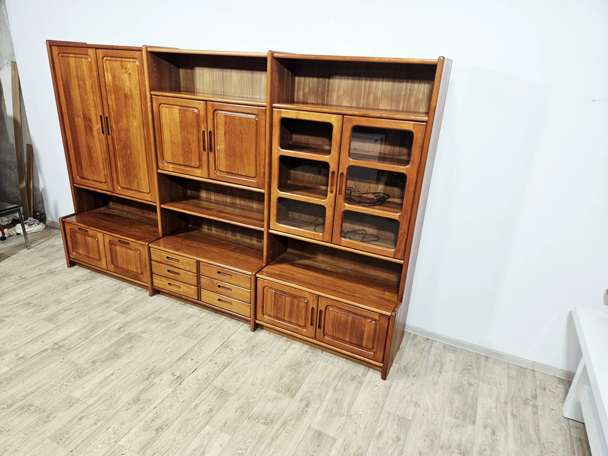 Multifunctional, modular shelving unit/wall system, teak, Denmark, 60s/70s