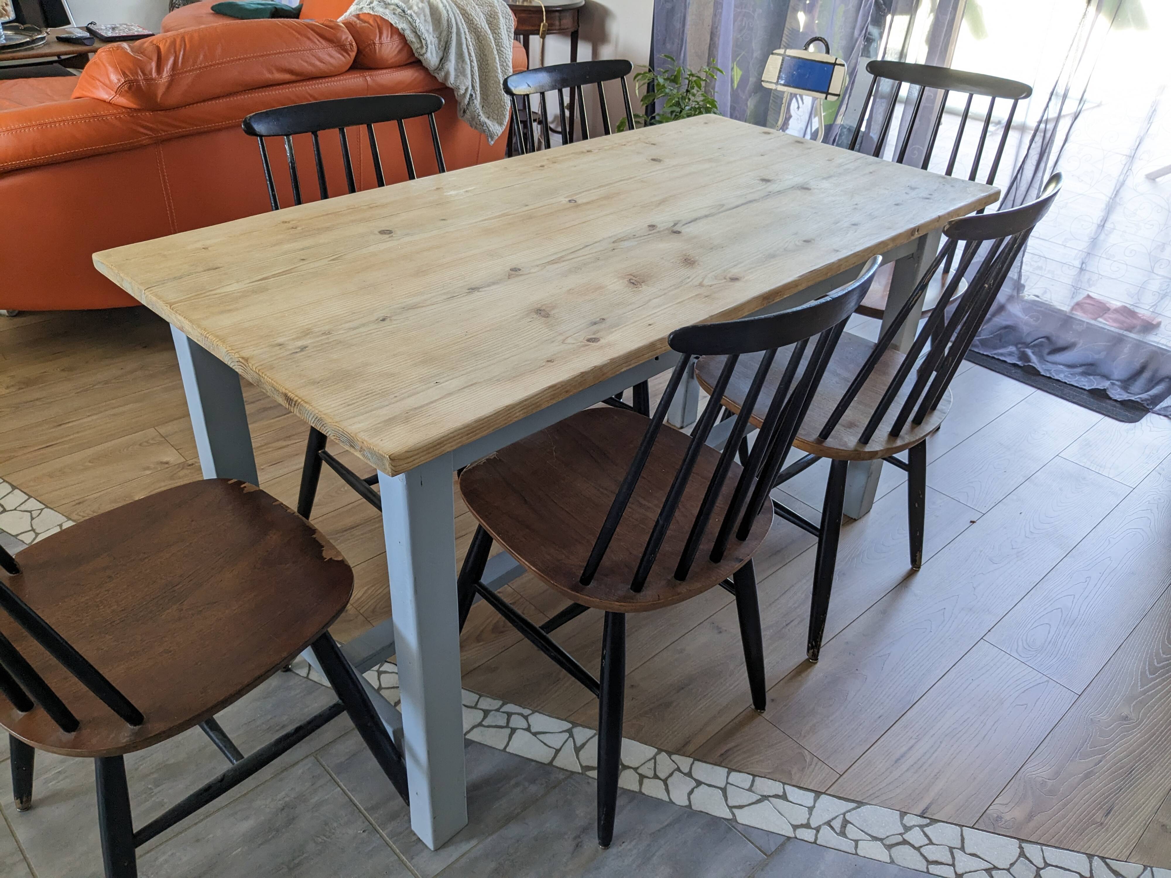 Sky blue and light wood farm table early 20th century 138 cm
