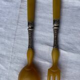 Old salad service in horn and silver metal