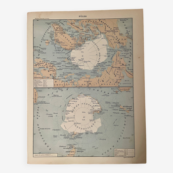 Lithographie carte sur les pôles - 1900