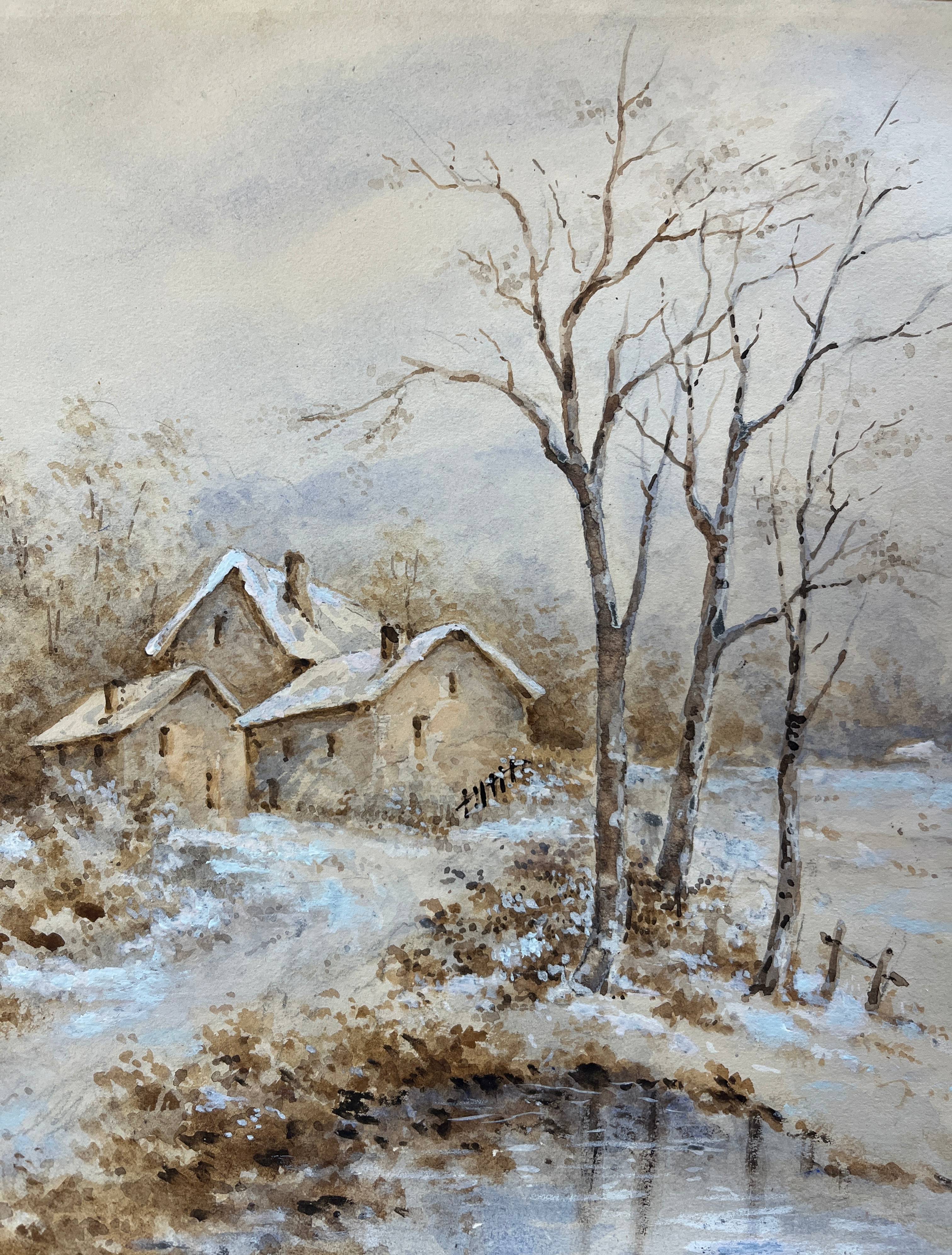 Watercolor painting by Eduard Heller (born in 1852) "Snowy Landscape"