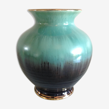 Vase boule en ceramique vert et noir 1960