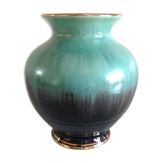 Vase boule en ceramique vert et noir 1960