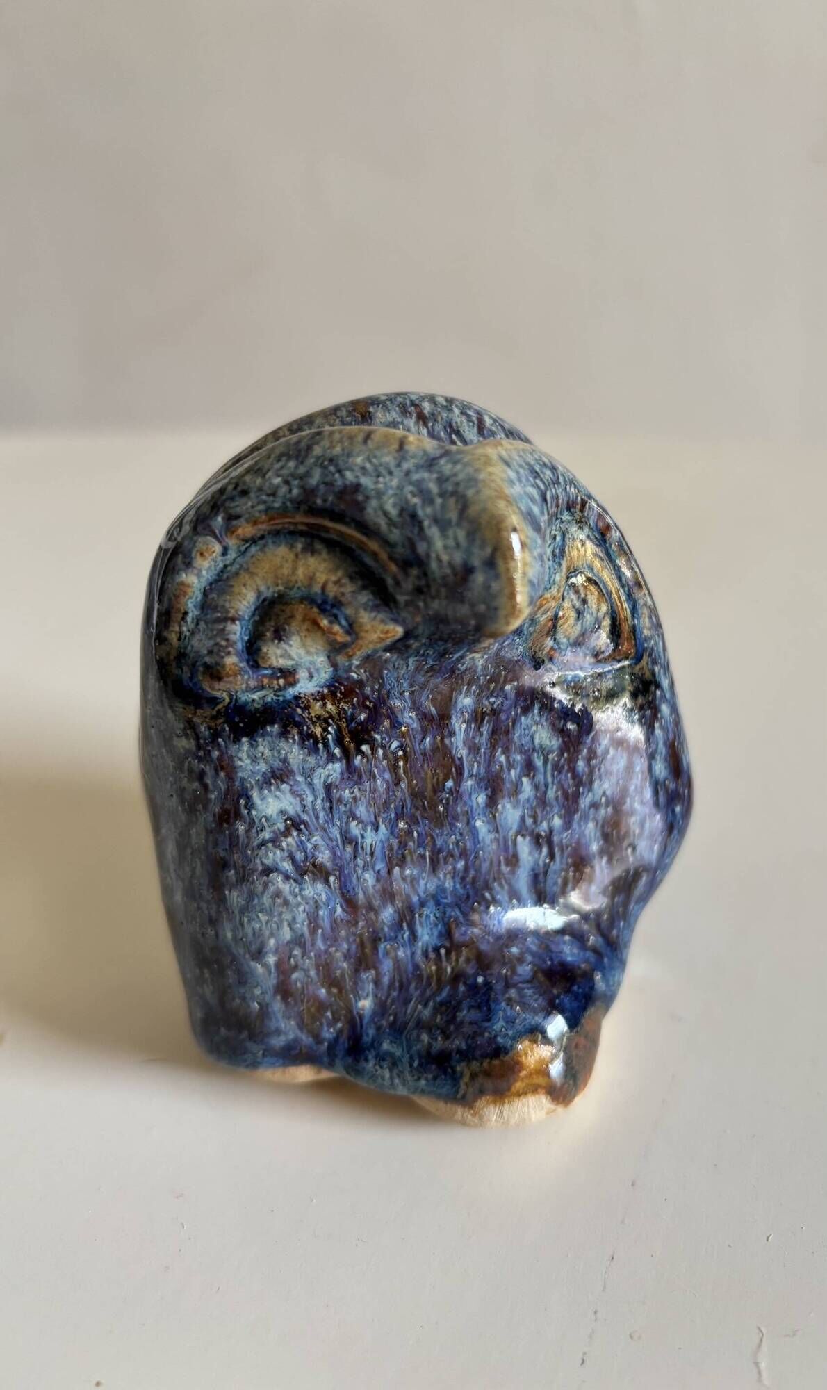 Miniature owl figurine in raku ceramic by Annie Maume, Vintage 1970.