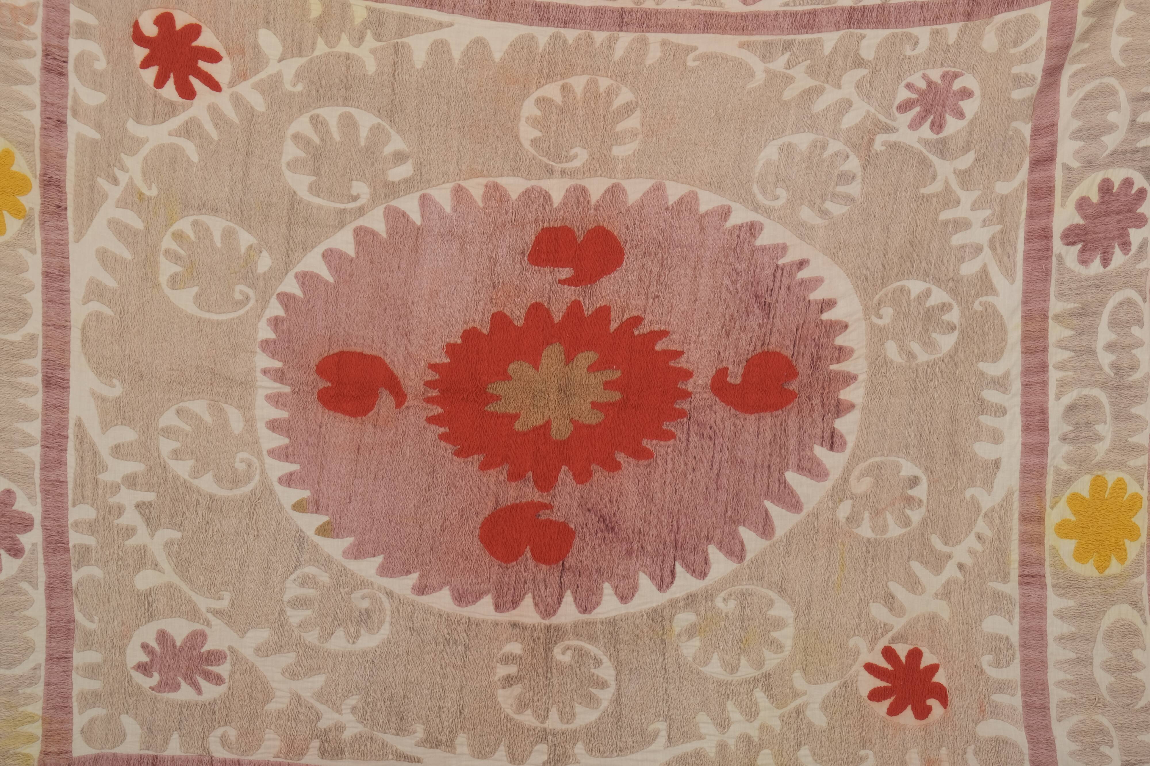 Embroidered tan suzani table cover, vintage tan and pink old embroidery textile