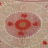 Embroidered tan suzani table cover, vintage tan and pink old embroidery textile