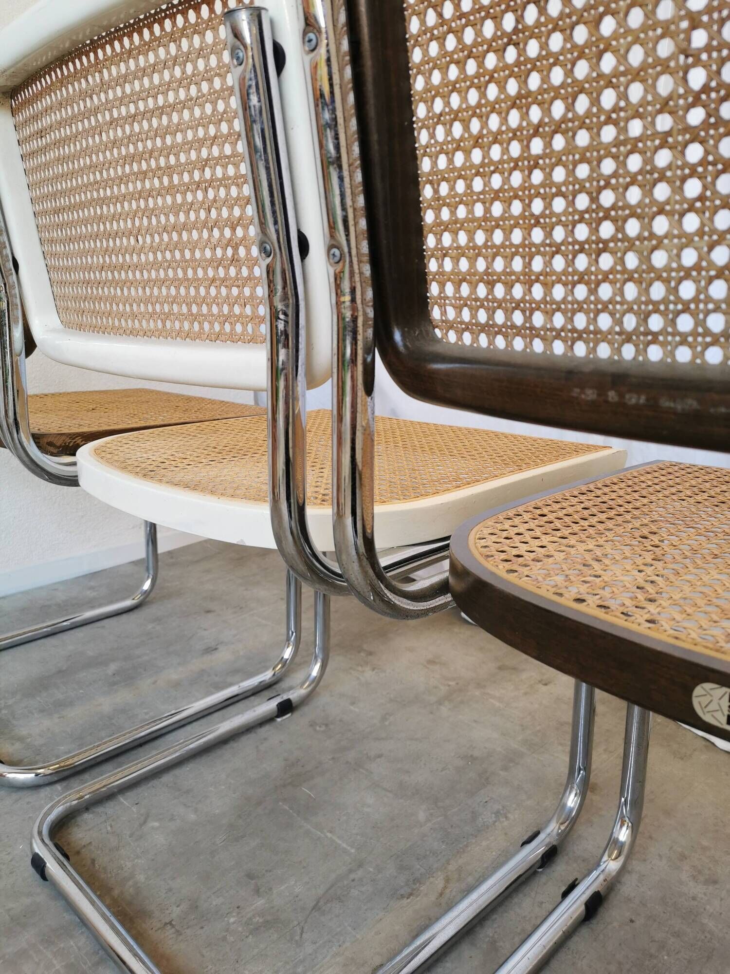 Set of 4 vintage cesca dining chairs / 2 brown 2 white / cane seat mid-century