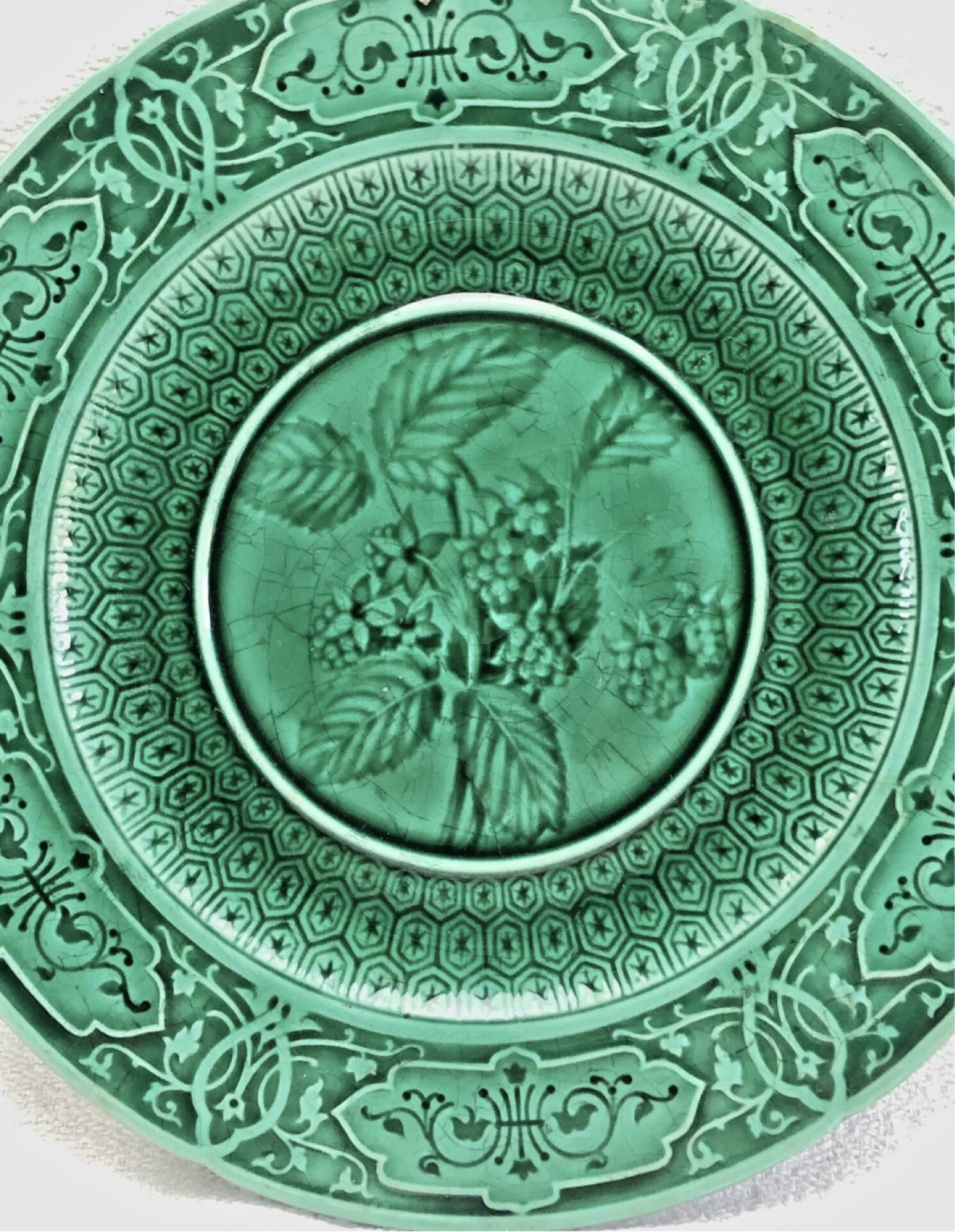 3 fruit plates Sarreguemines majolica shaded enamel Rubelles