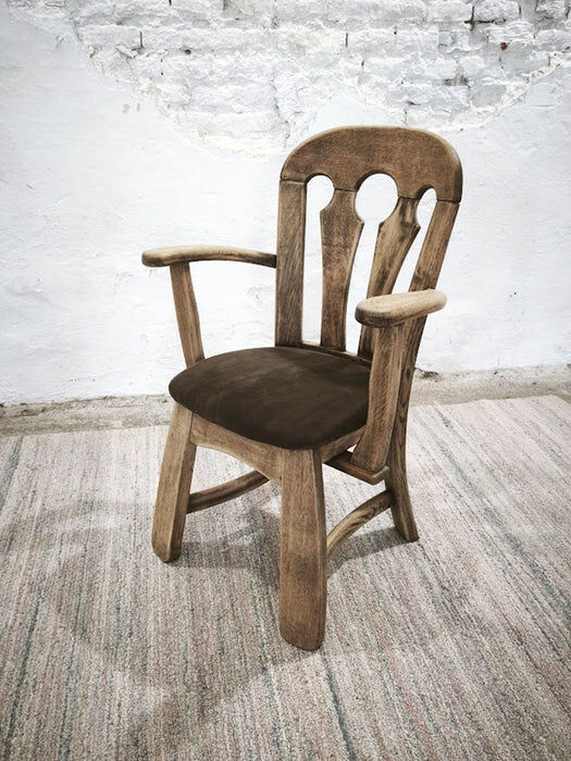 Dutch brutalist solid oak armchair with reupholstered leather seat, 1970s