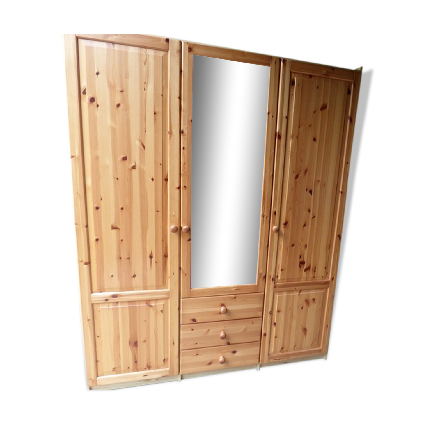 Wardrobe three doors, one with mirror, three drawers in solid pine wood