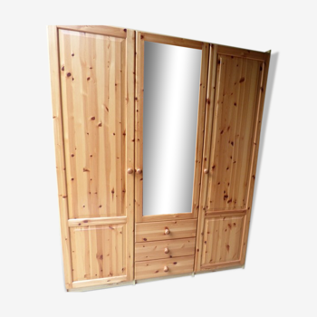 Wardrobe three doors, one with mirror, three drawers in solid pine wood