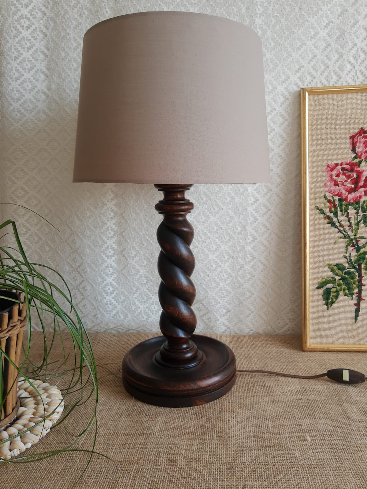 Turned wooden table lamp - vintage
