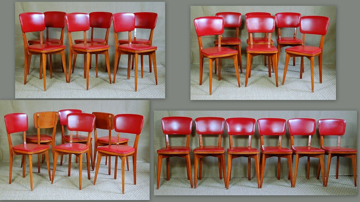 6 vintage wooden and skai red bistro chairs