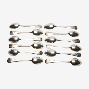 Set de 12 petites cuillères en métal argenté gravées "FB" , début XXème