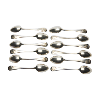 Set de 12 petites cuillères en métal argenté gravées "FB" , début XXème
