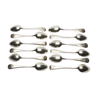 12 small silver metal spoons engraved "FB", early XXth