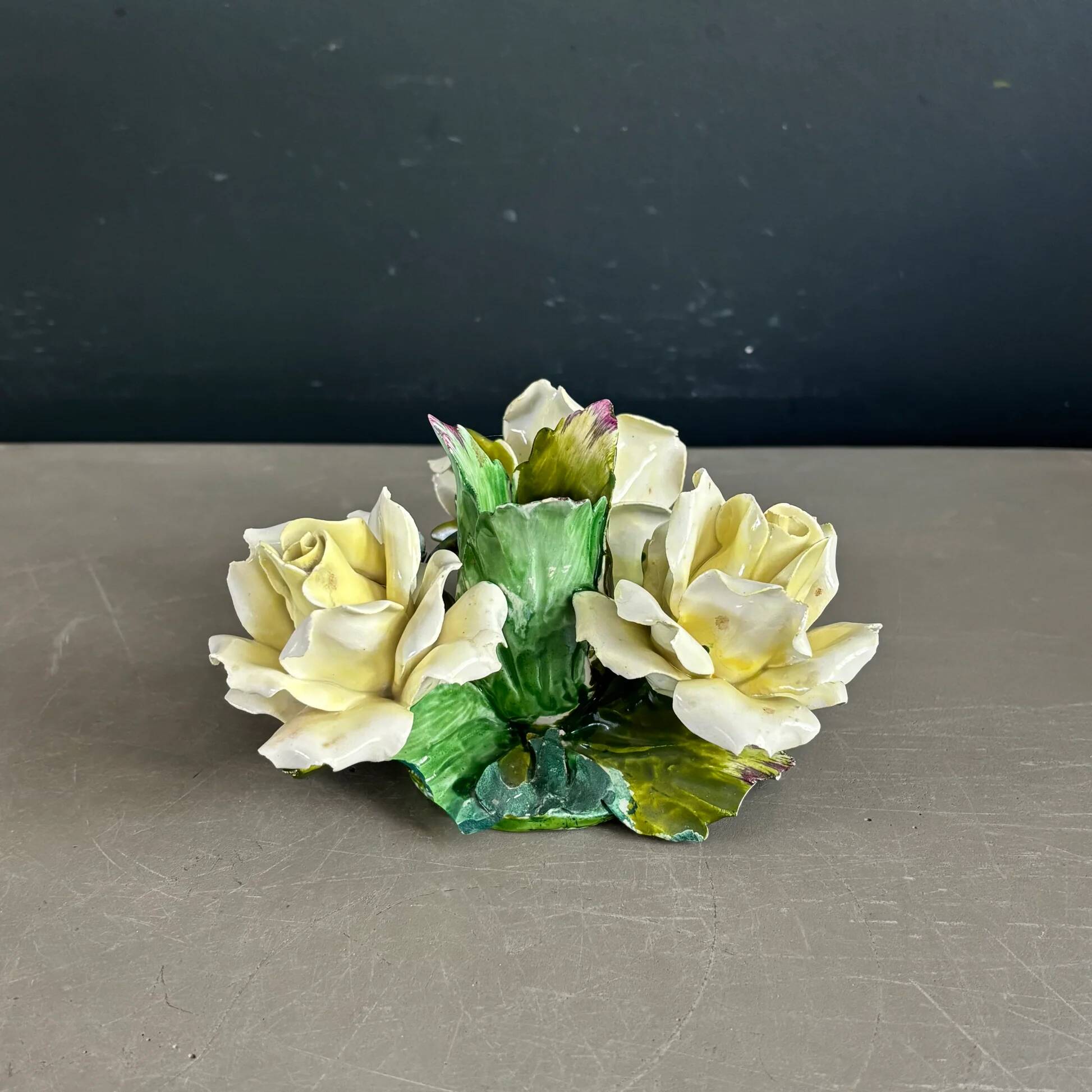 Rose porcelain barbotine candlestick - Capodimonte Italy - Ref 1378