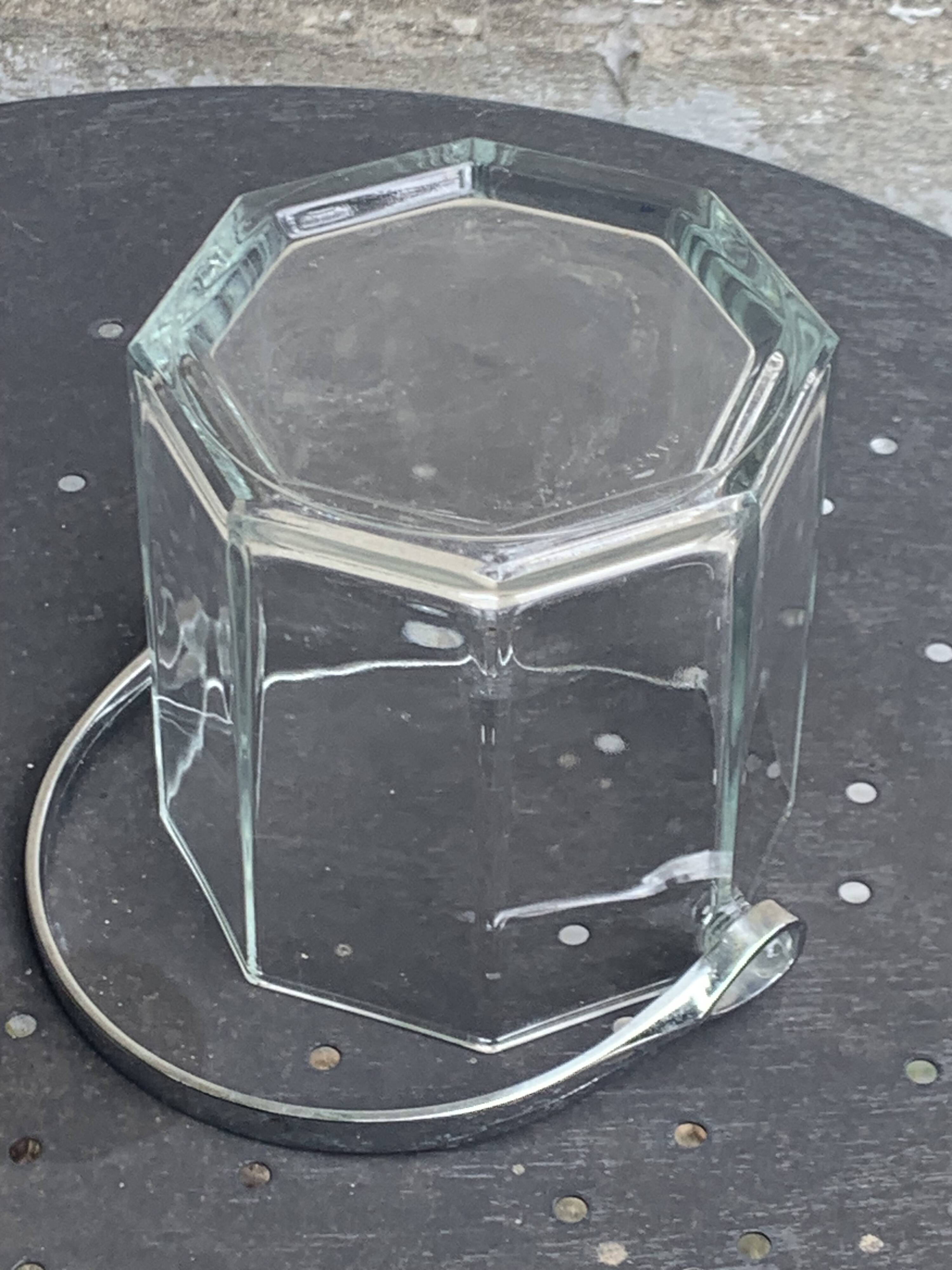 Ice bucket made in France in transparent faceted glass, stainless steel handle