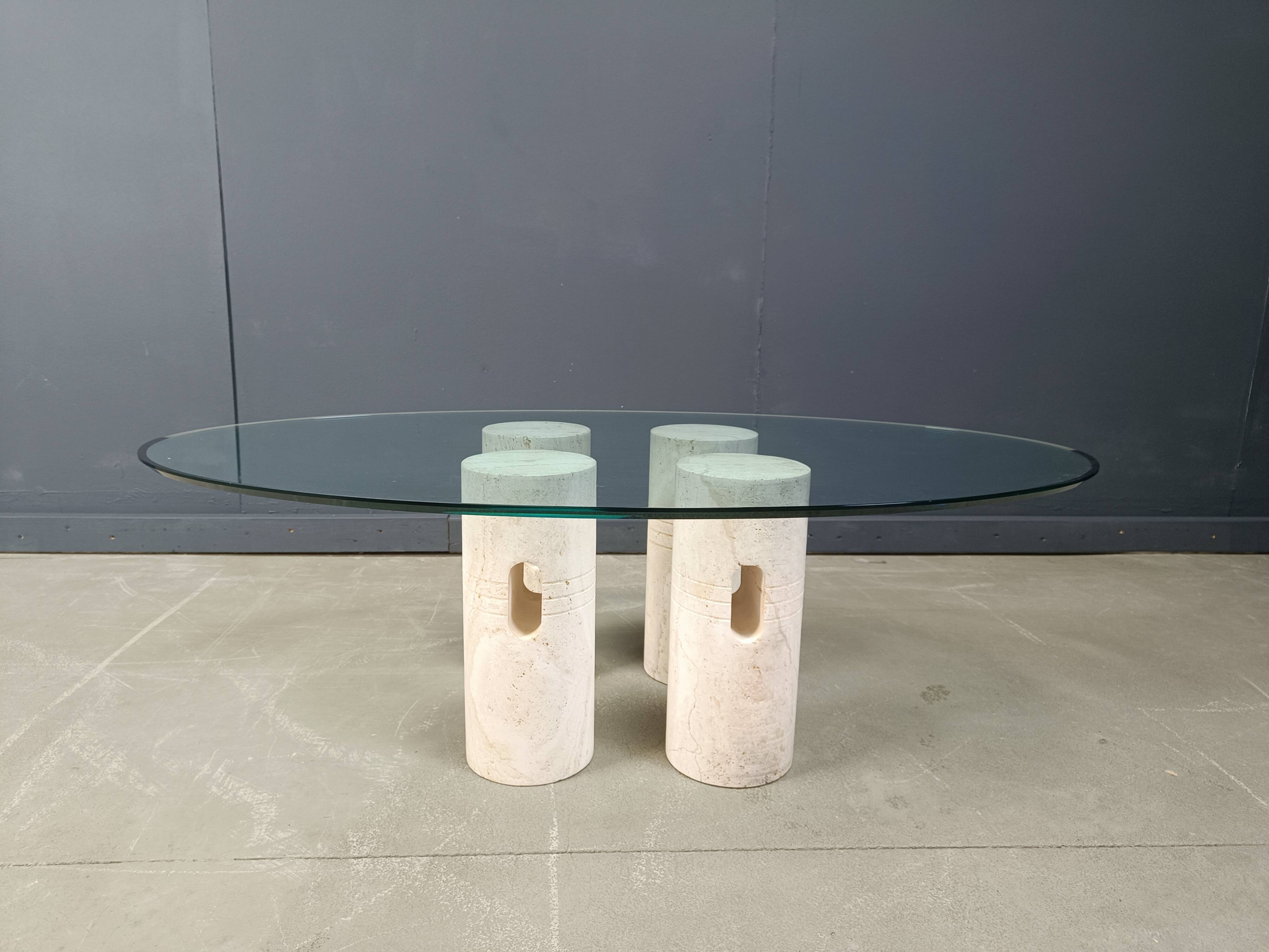 Vintage travertine and glass coffee table, 1970s