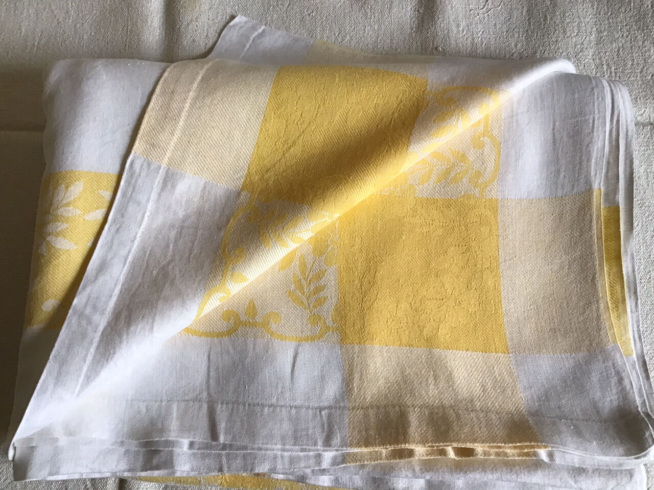 Large yellow and white vintage tablecloth