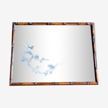 Bamboo mirror with frosted bird motif 42x32cm