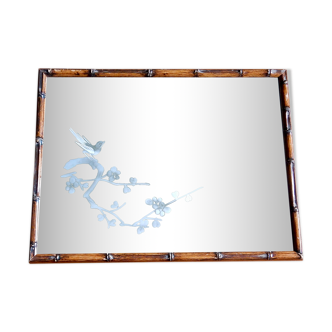 Bamboo mirror with frosted bird motif 42x32cm