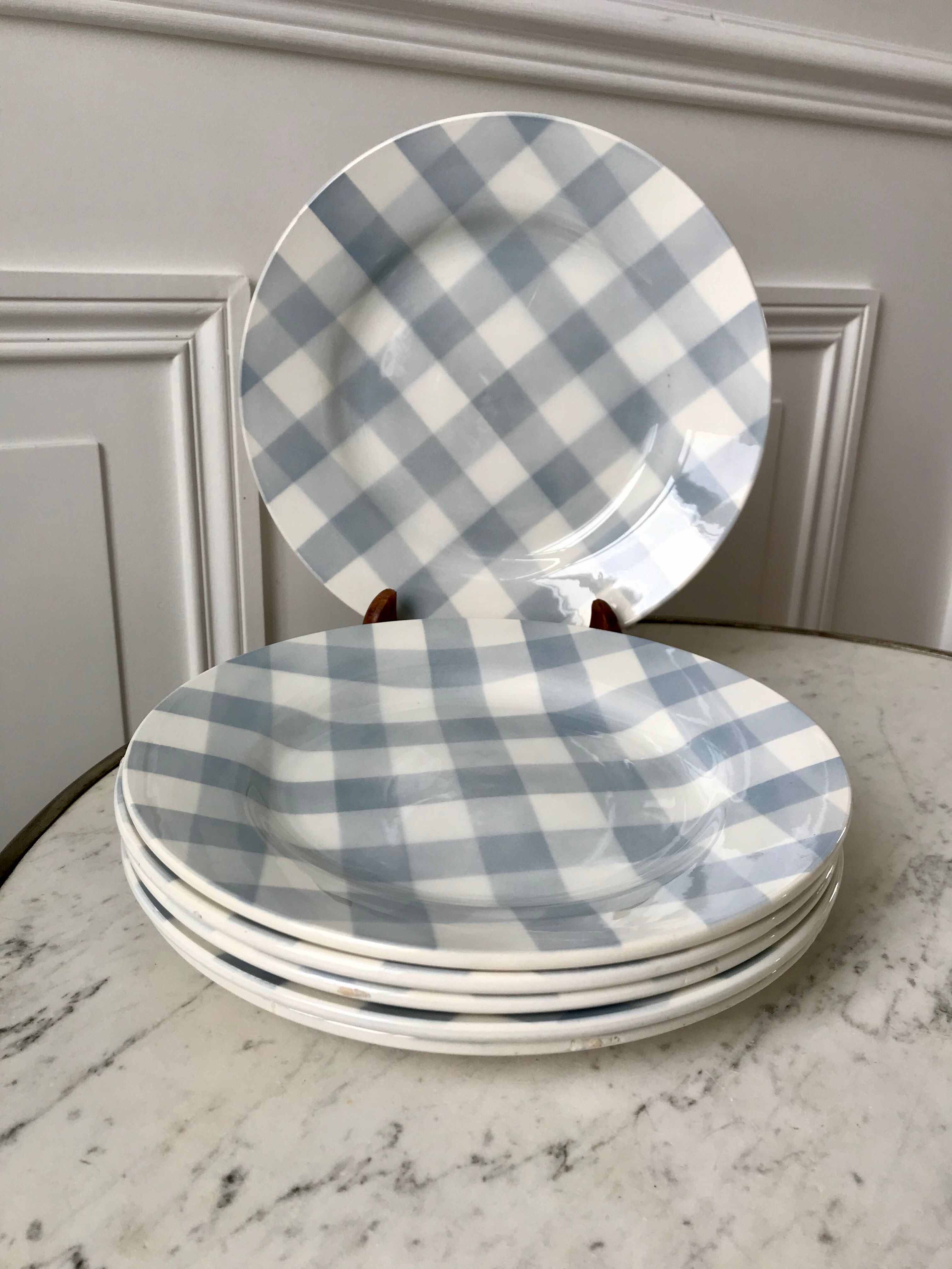 Lot de 5 assiettes plates digoin sarreguemines modèle "écossais" vichy bleu ciel années 40-50