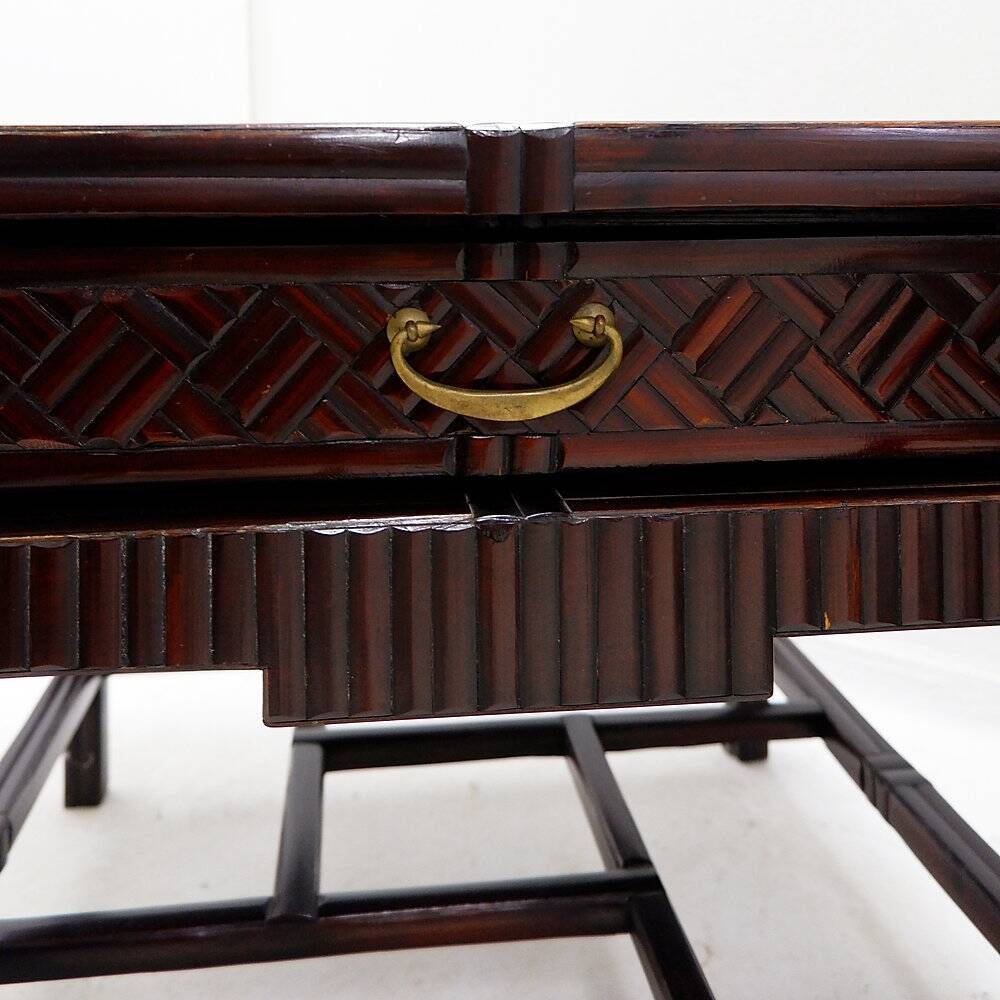 Pair of vintage pagoda tables in faux bamboo with chevron pattern - Maitland & Clasco