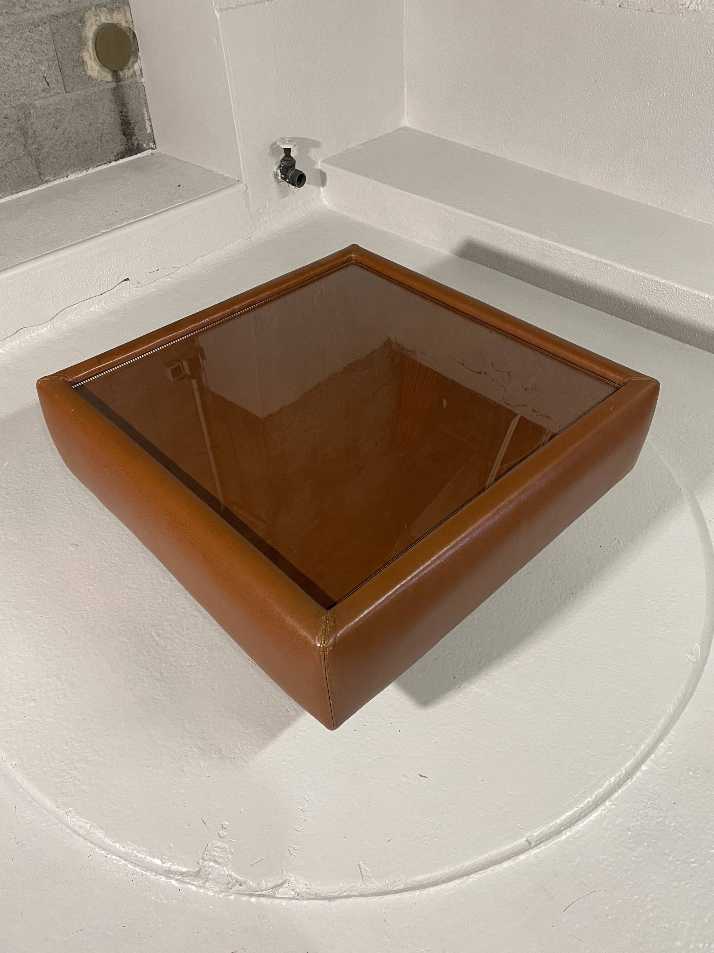 Cognac faux leather & glass coffee table