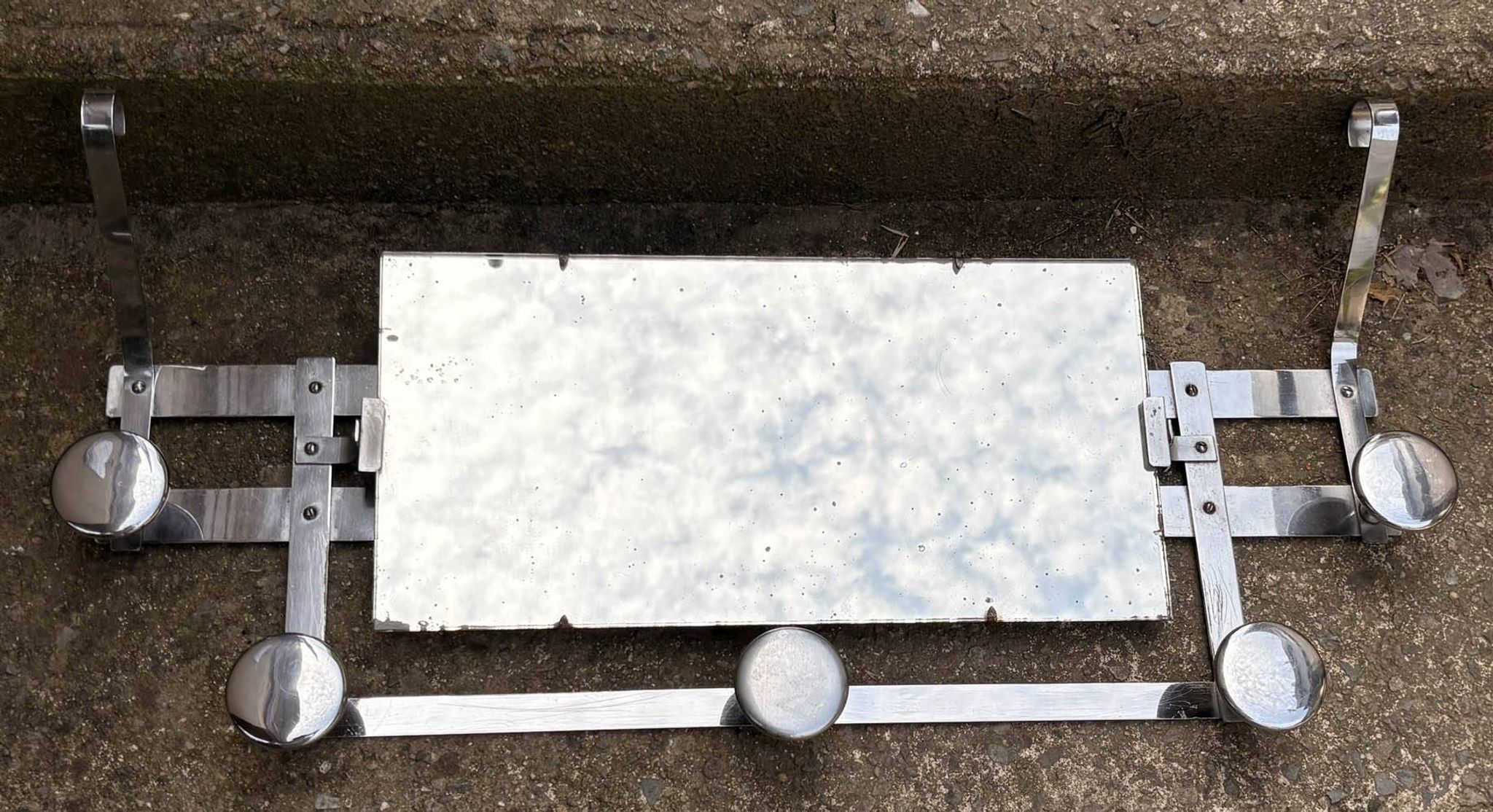 Vintage Wall Mirror with Hooks, Chrome & Mercury Glass, Space Age, 60s/70s
