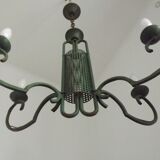 Green iron 4 light chandelier with scrolled arms