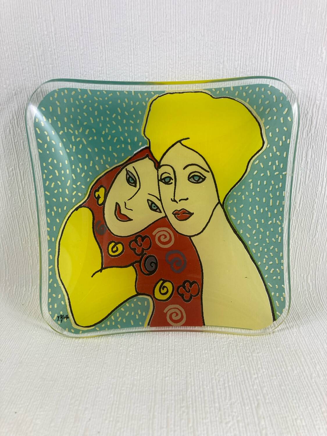 Yves Blayo Signed "Russian Women" Glass Trinket Tray in Screen-Printed Glass