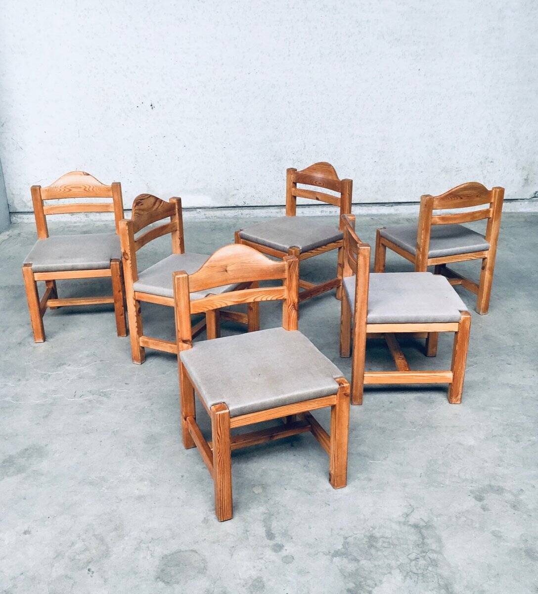 Brutalist Square Model Pine Dining Chairs, 1970s, Set of 6
