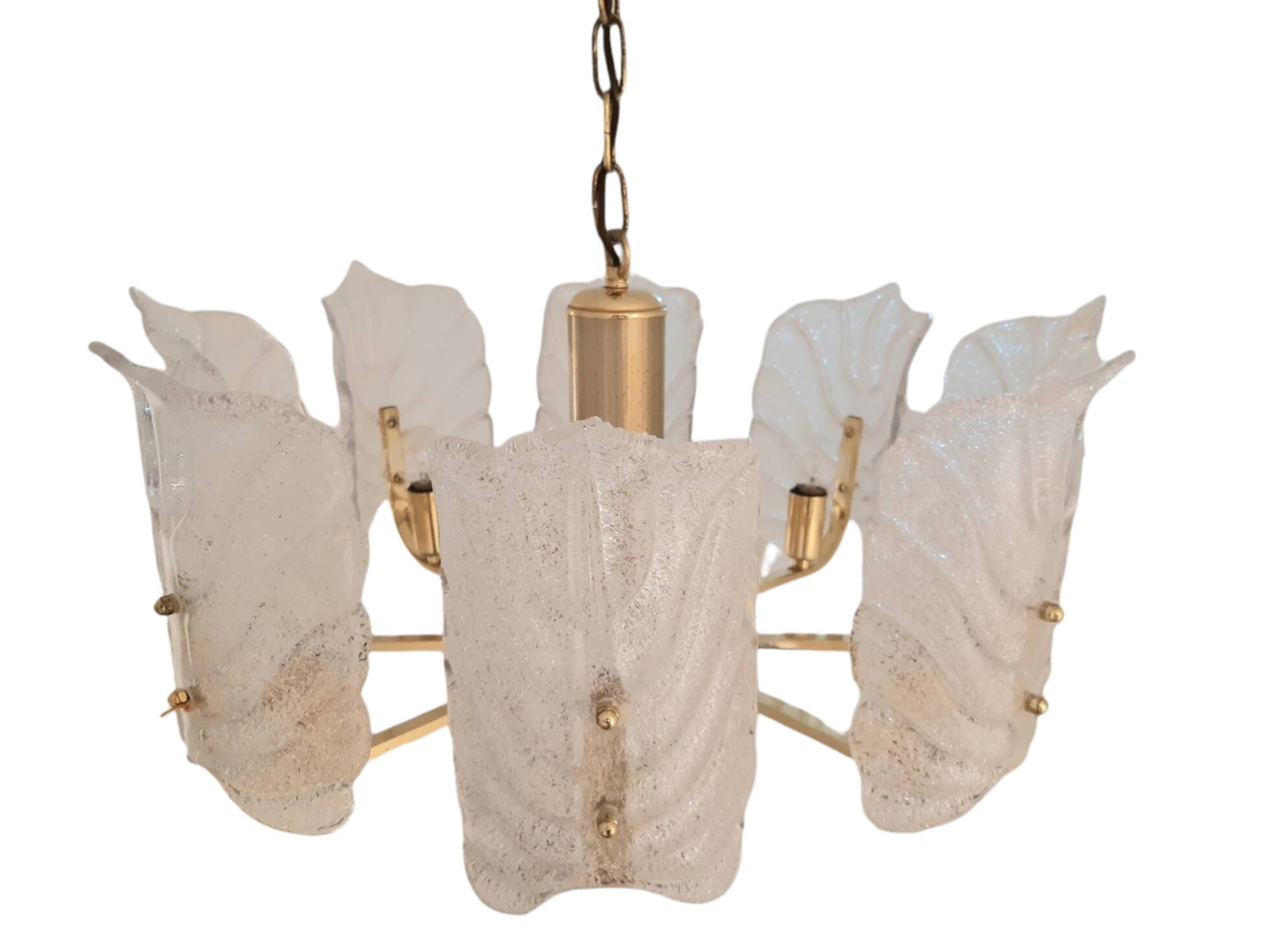 Large Mid-Century Eight-Arm Brass and Ice Glass Chandelier by Carl Fagerlund, 1960s