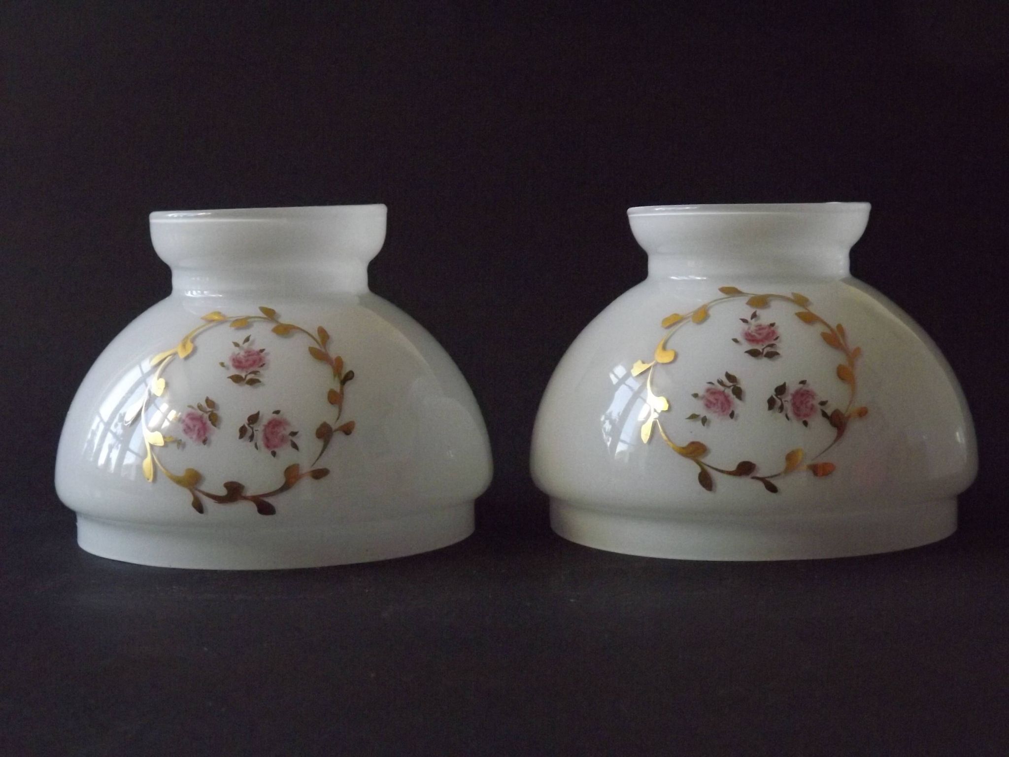 Pair of Vintage White Milk Glass Lamp Shades With Pink Roses & Gold Foliage