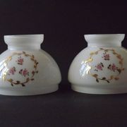 Pair of Vintage White Milk Glass Lamp Shades With Pink Roses & Gold Foliage