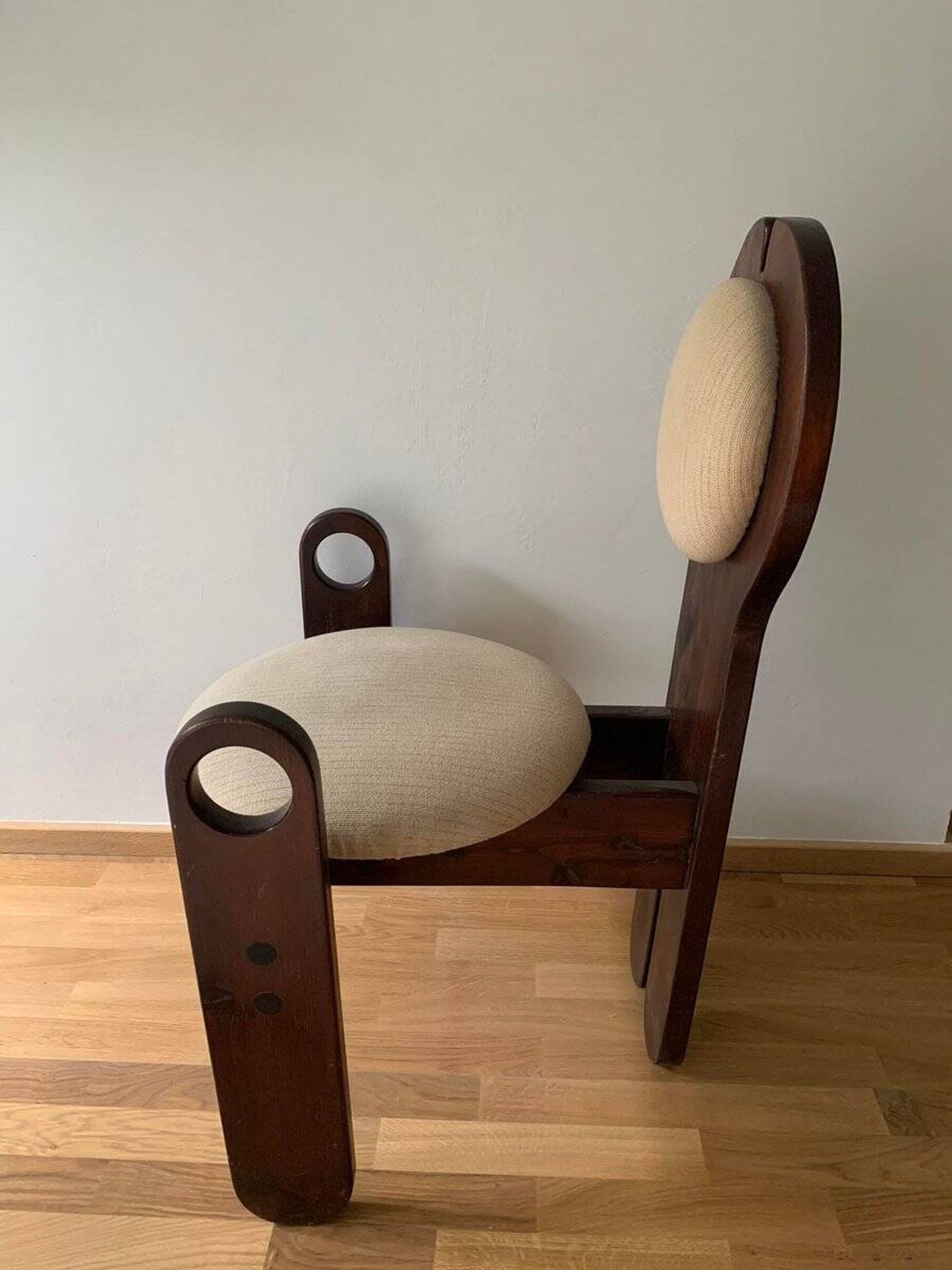 Vintage dining chair in stained brown pine with beige fabric, design by Szedleczky 1960–70.