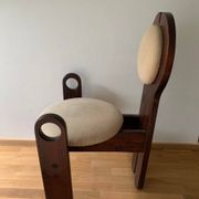 Vintage dining chair in stained brown pine with beige fabric, design by Szedleczky 1960–70.